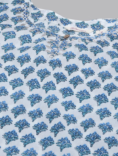 White & Blue Floral Printed Kurta with Trousers For Women