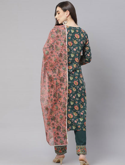 Green Floral Print Kurta with Trousers & Dupatta For Women