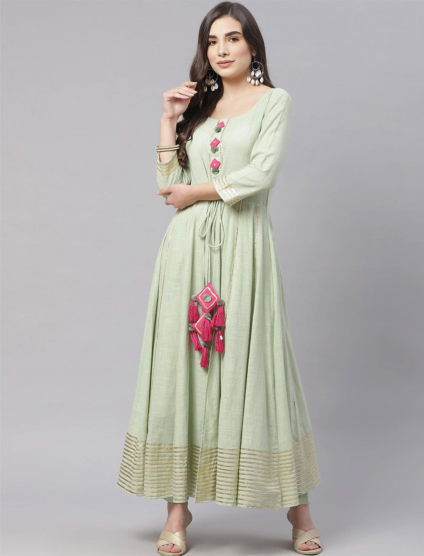 Green Printed Anarkali Kurta with Trousers For Women