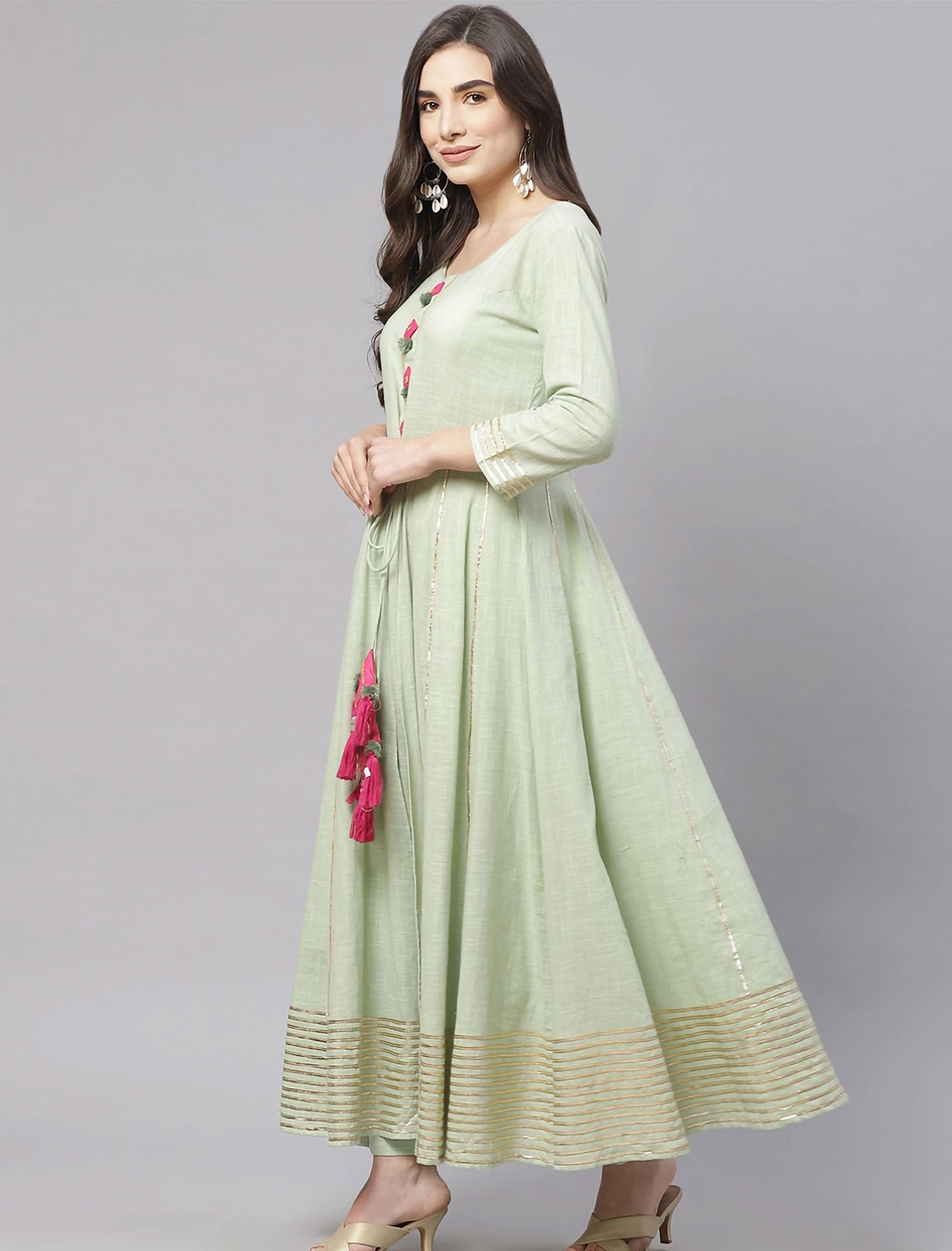 Green Printed Anarkali Kurta with Trousers For Women