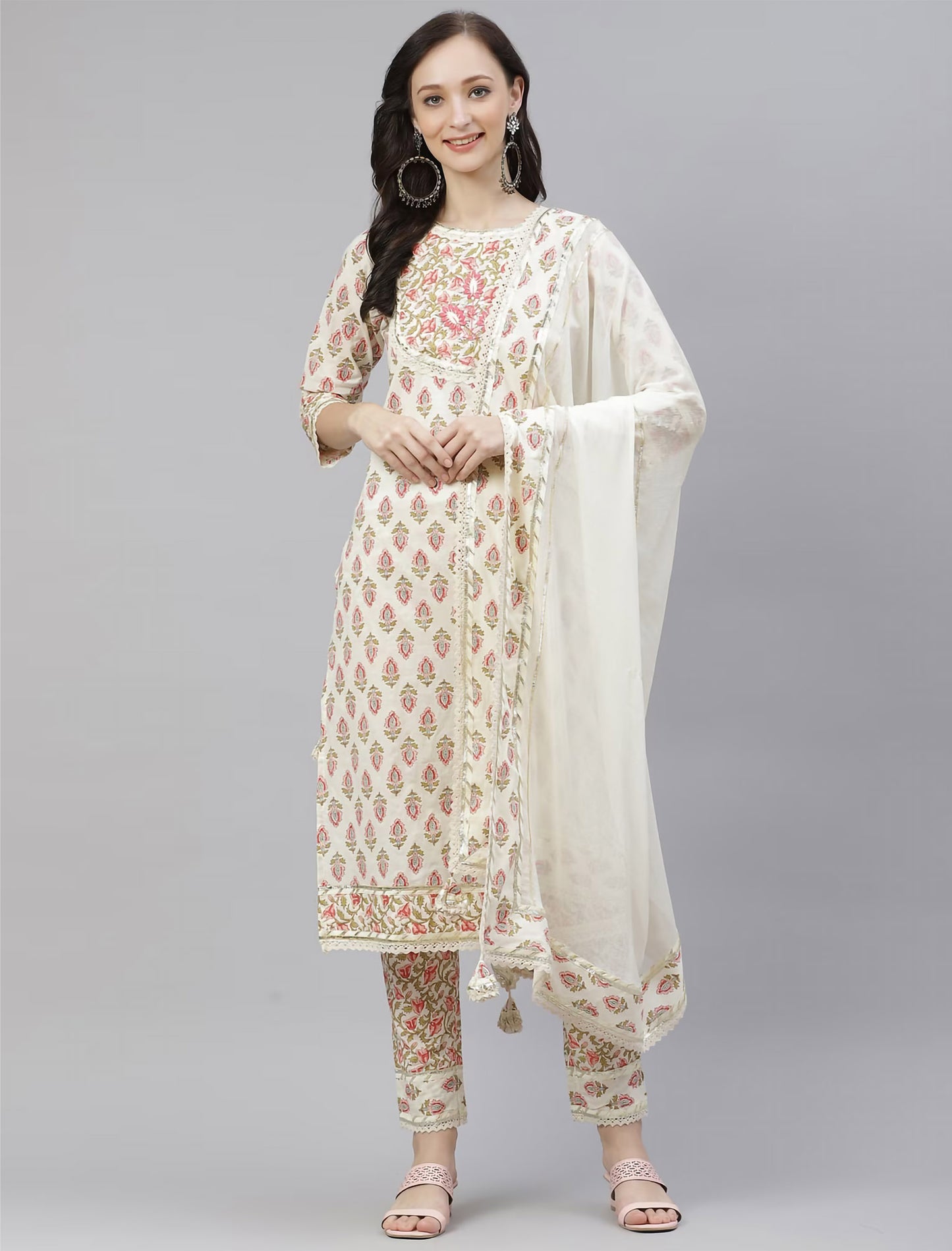 Cream Floral Print Kurta with Palazzos & Dupatta For Women