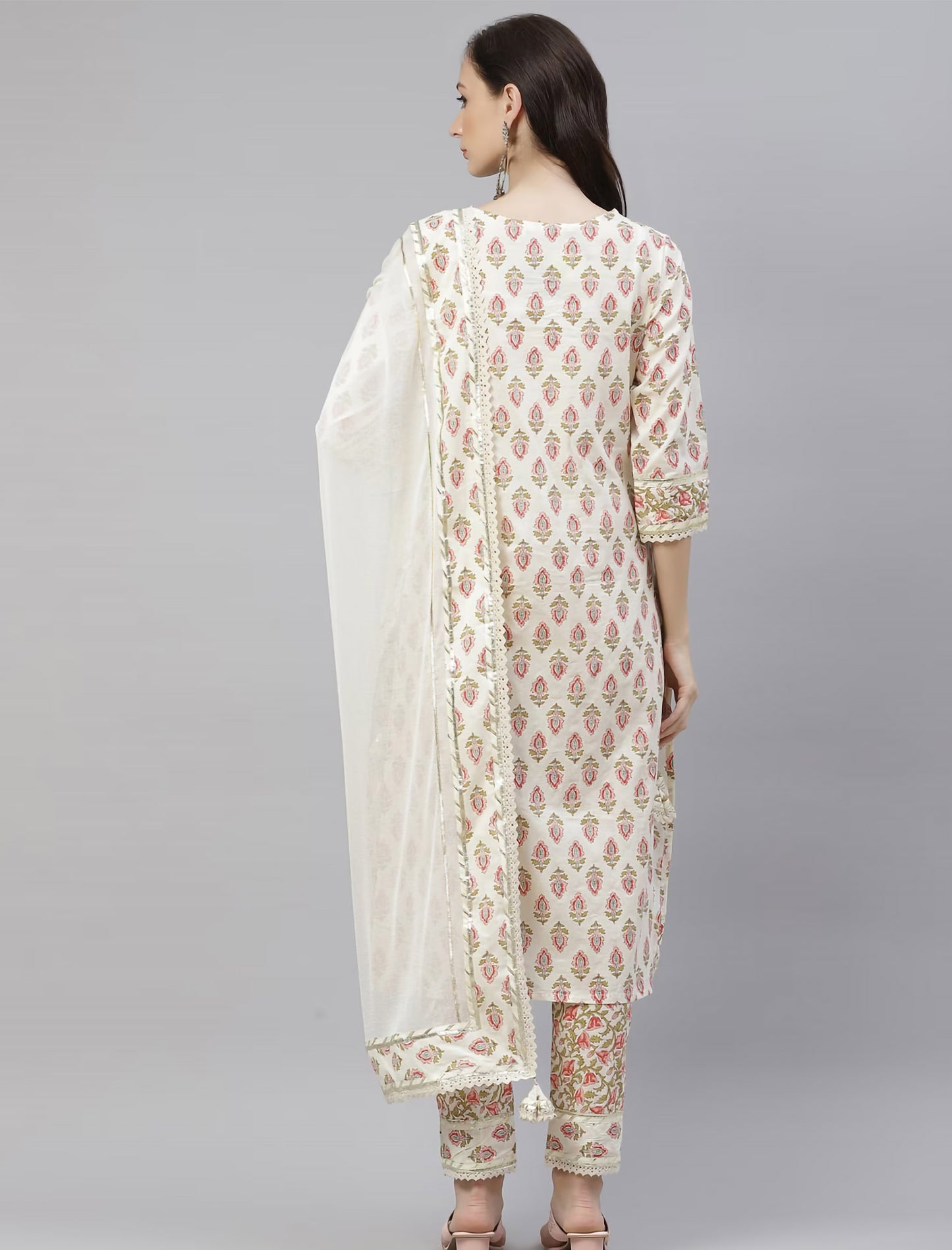 Cream Floral Print Kurta with Palazzos & Dupatta For Women