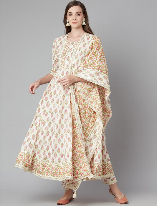 Cream Floral Printed Kurta Set with Trousers & Dupatta For Women