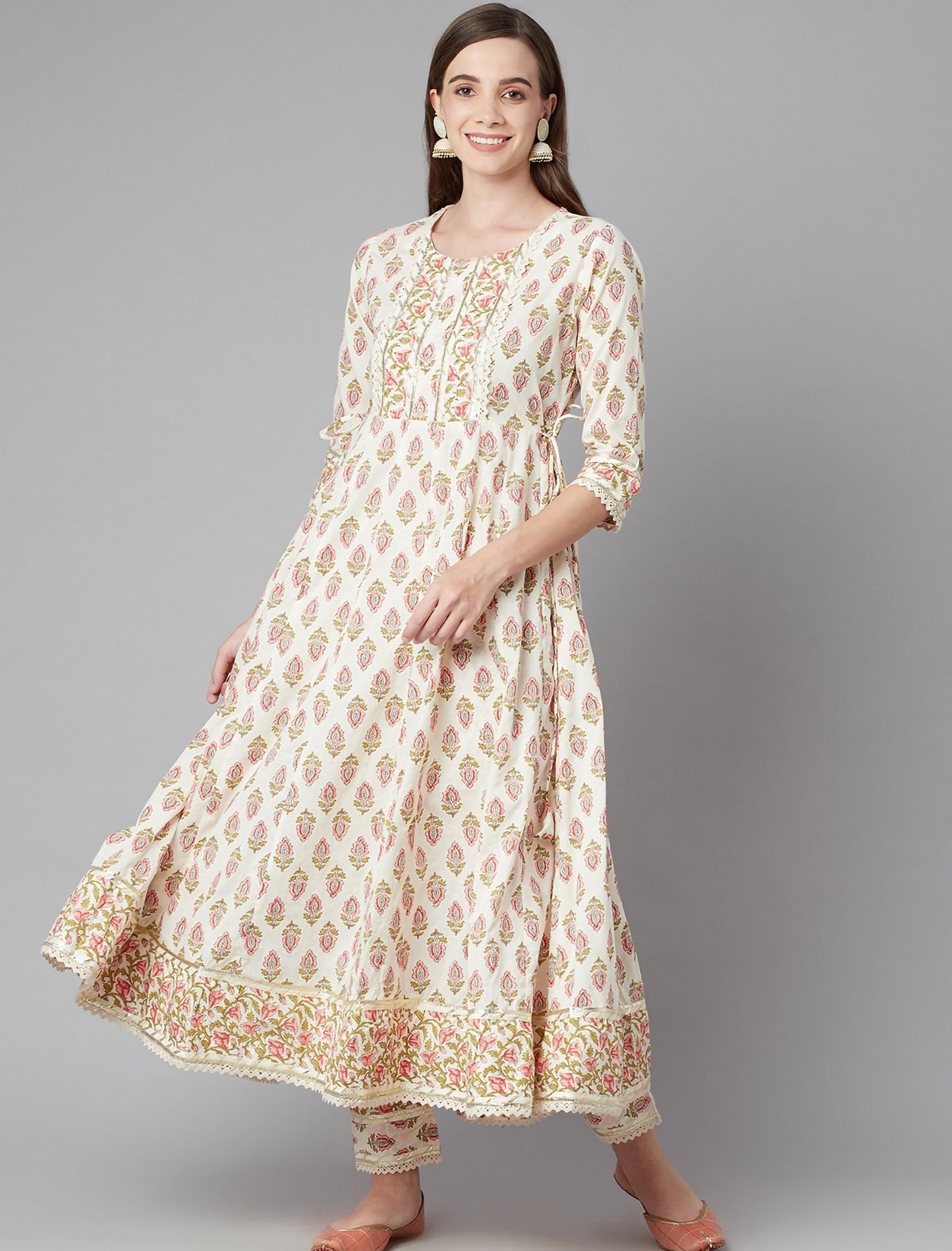 Cream Floral Printed Kurta Set with Trousers & Dupatta For Women