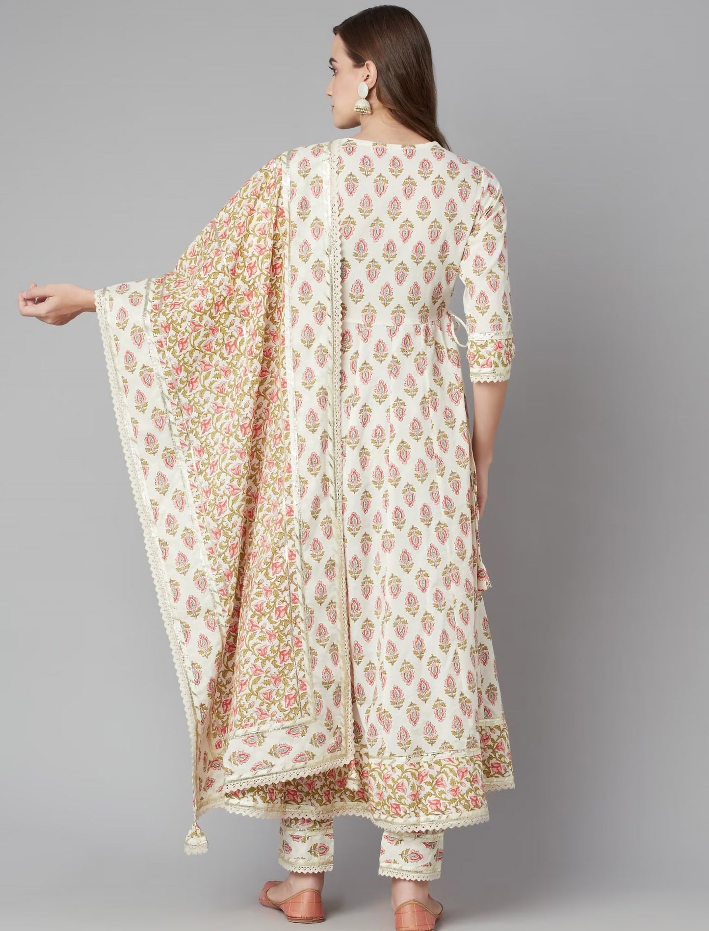 Cream Floral Printed Kurta Set with Trousers & Dupatta For Women