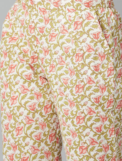 Cream Floral Printed Kurta Set with Trousers & Dupatta For Women
