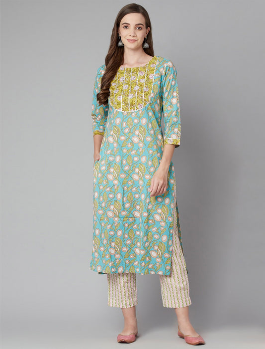 Blue Floral Printed Kurta with Trousers For Women