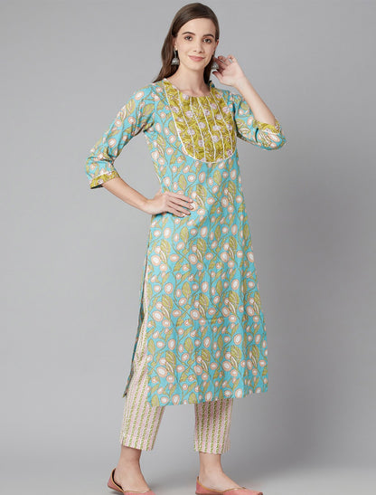 Blue Floral Printed Kurta with Trousers For Women