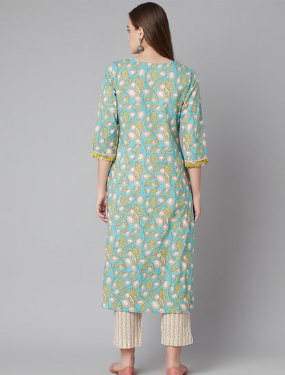 Blue Floral Printed Kurta with Trousers For Women