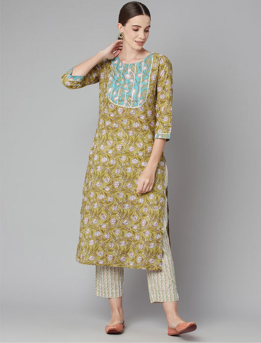 Green Ethnic Printed Kurta Sets with Trousers For Women