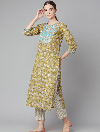 Green Ethnic Printed Kurta Sets with Trousers For Women