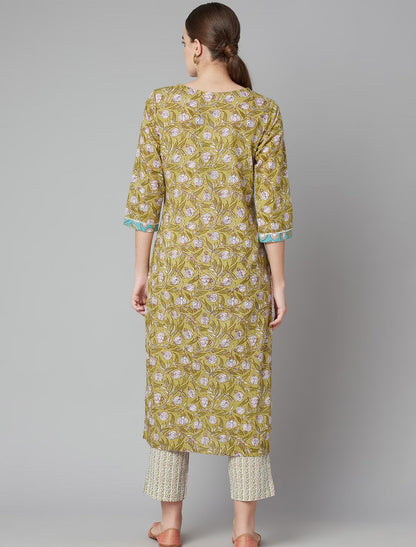 Green Ethnic Printed Kurta Sets with Trousers For Women
