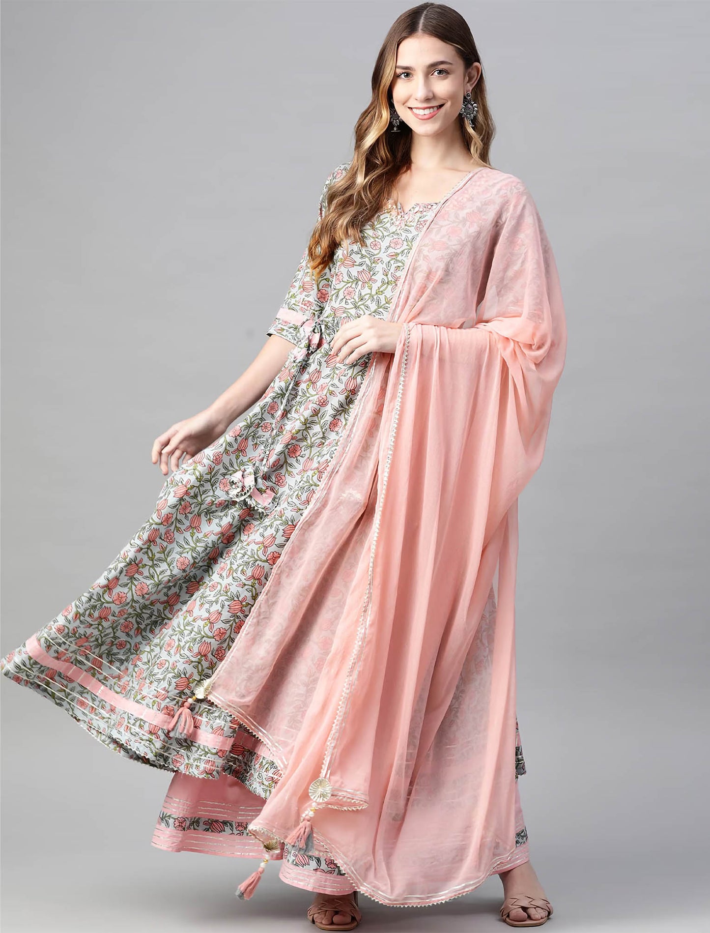 Peach Ethnic Floral Printed Kurta with Palazzos & Dupatta For Women