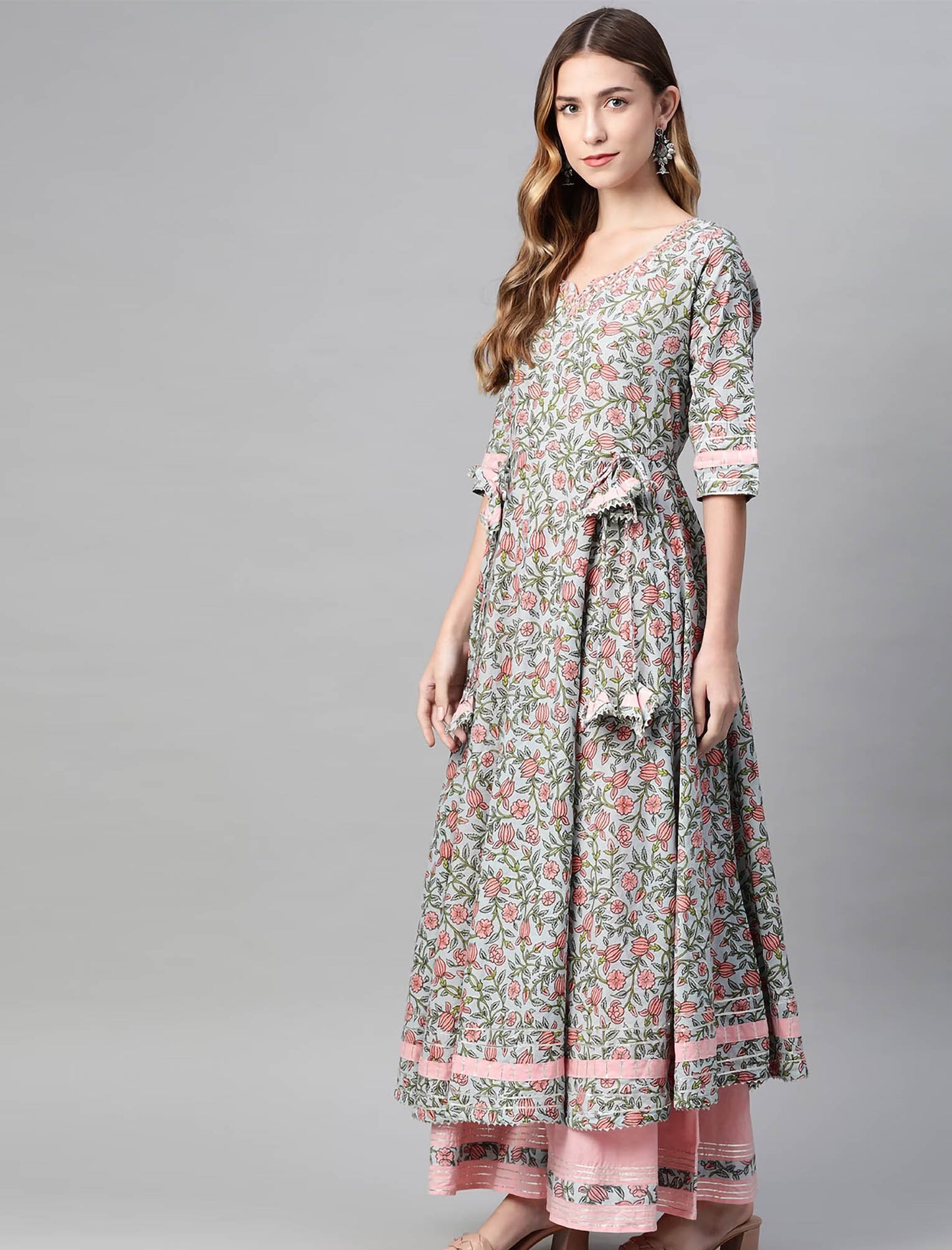 Peach Ethnic Floral Printed Kurta with Palazzos & Dupatta For Women