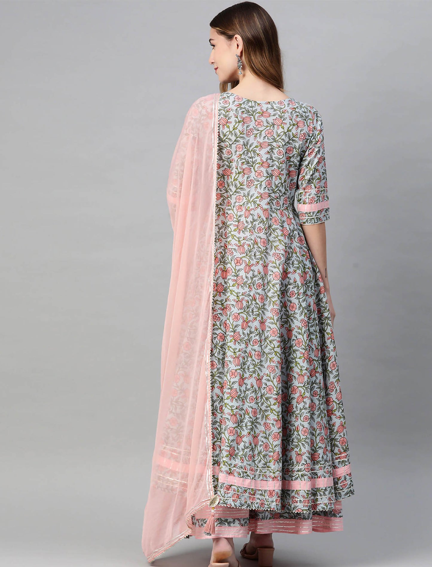 Peach Ethnic Floral Printed Kurta with Palazzos & Dupatta For Women