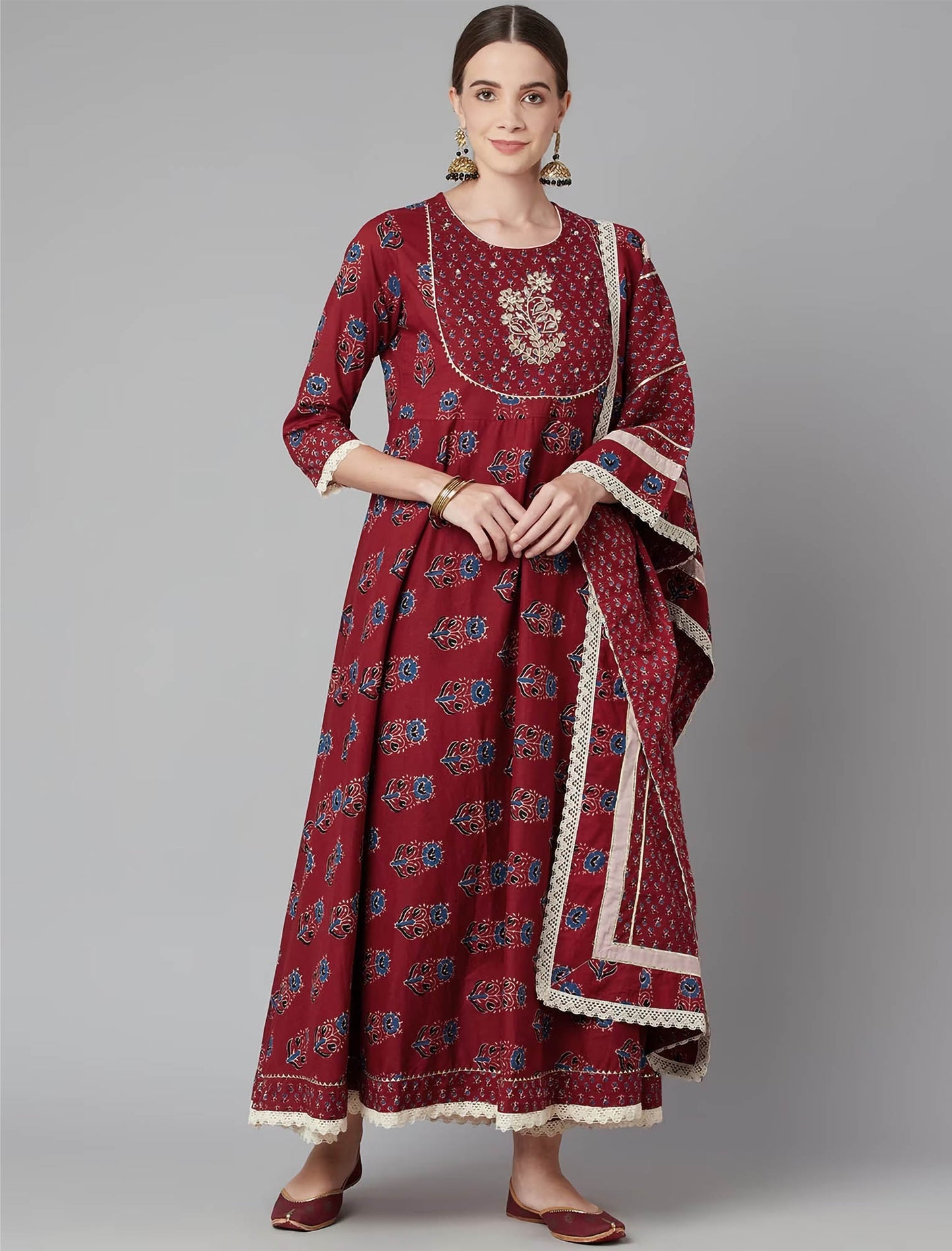 Red Floral Printed Ethnic Kurta Sets with Trousers & Dupatta For Women