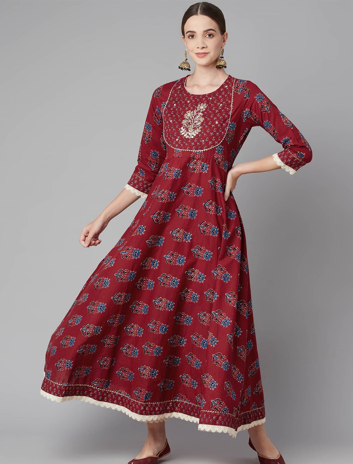 Red Floral Printed Ethnic Kurta Sets with Trousers & Dupatta For Women