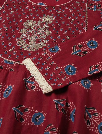 Red Floral Printed Ethnic Kurta Sets with Trousers & Dupatta For Women