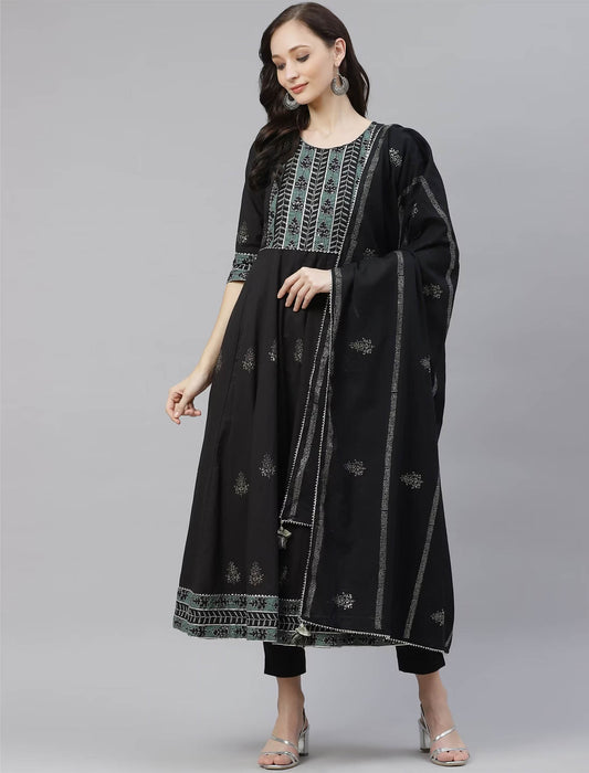 Black Ethnic Printed Kurta Sets with Trousers & Dupatta For Women