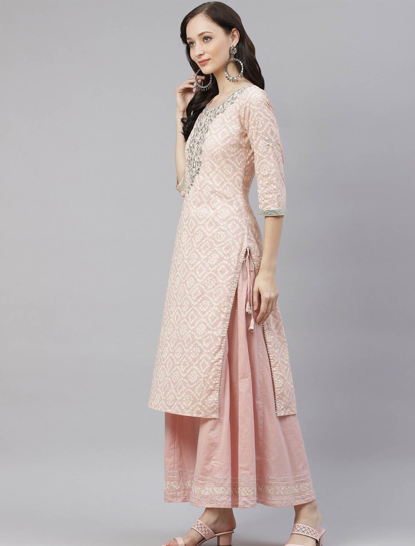 Pink Floral Printed Ethnic Kurti With Palazzos & Dupatta For Women