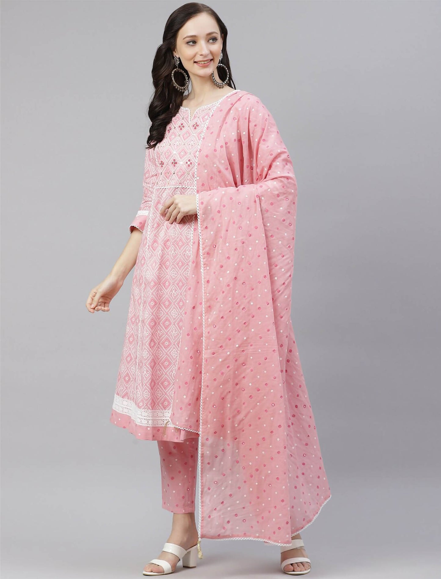 Pink Ethnic Printed Kurta Sets With Trousers & Dupatta For Women