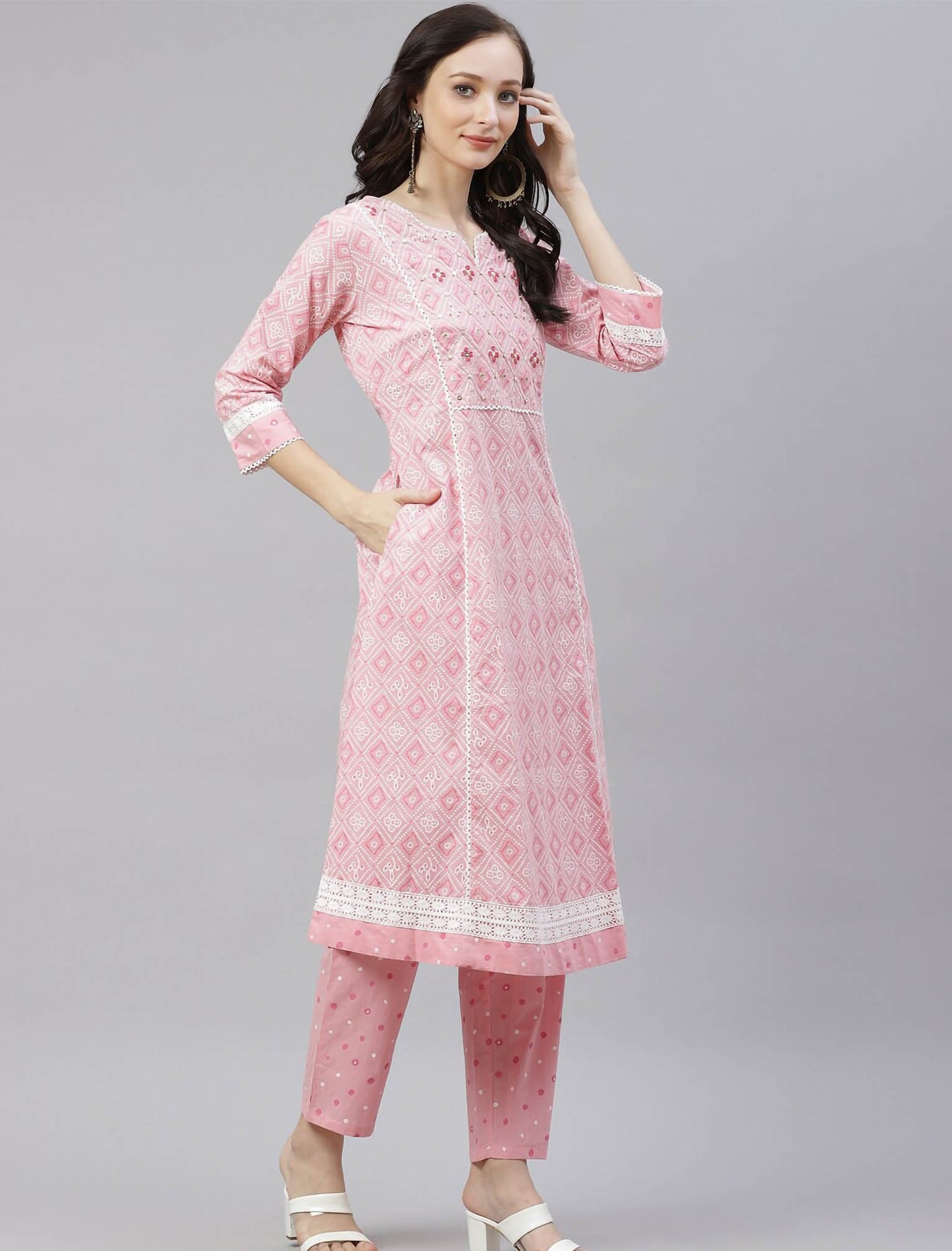 Pink Ethnic Printed Kurta Sets With Trousers & Dupatta For Women