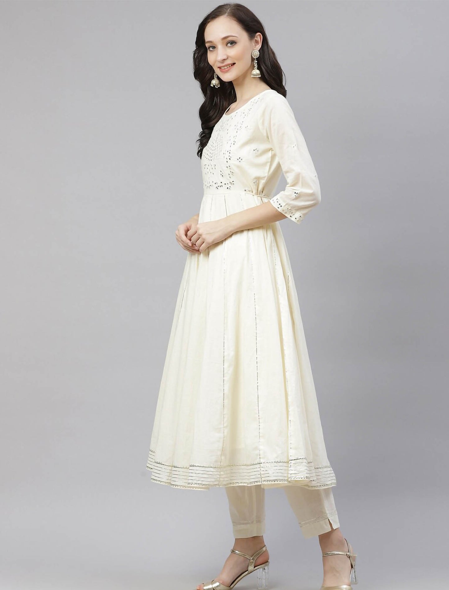 Off White Embroidered Ethnic Kurta Sets with Trousers For Women