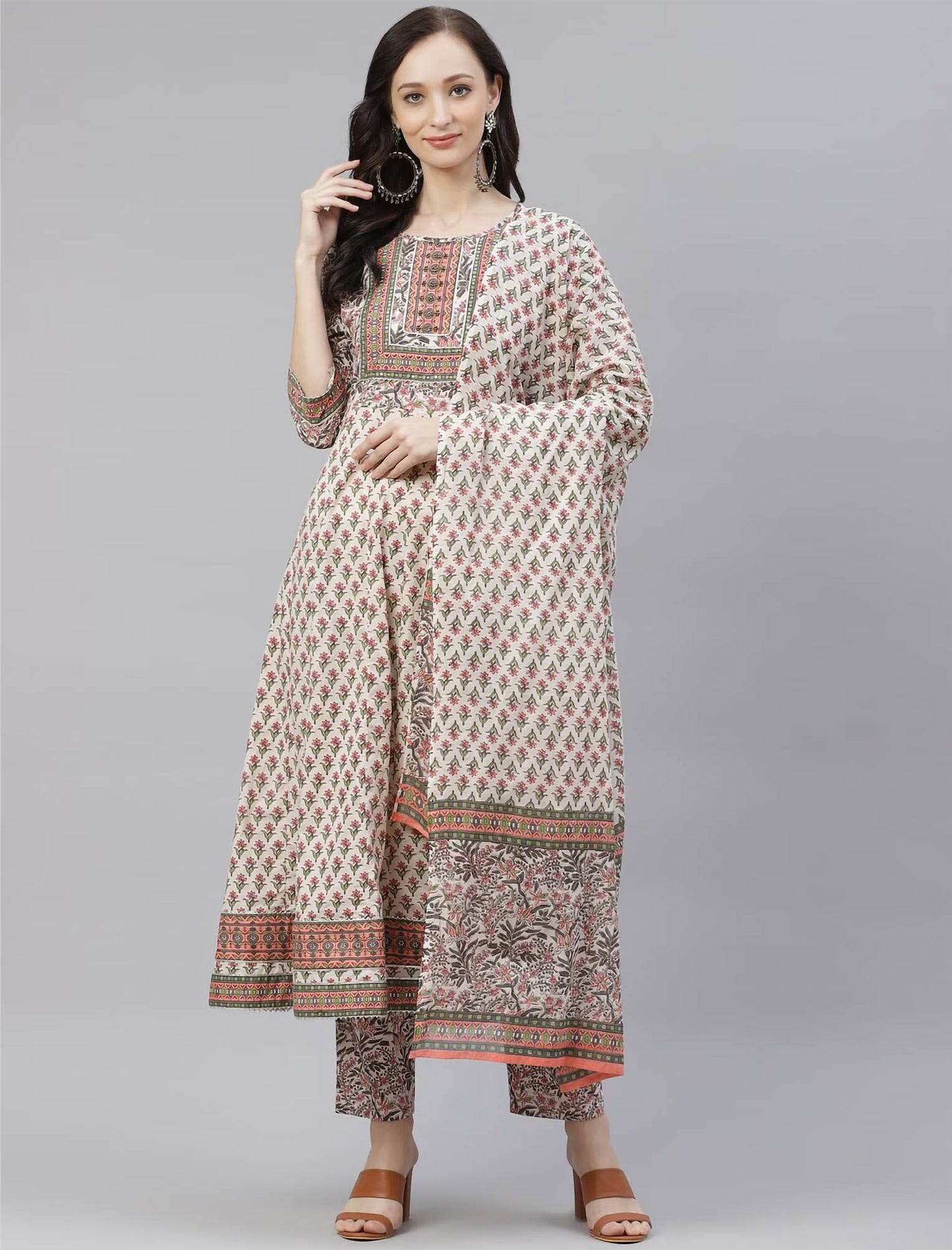 White Floral Printed Divena Kurta with Trousers & Dupatta For Women