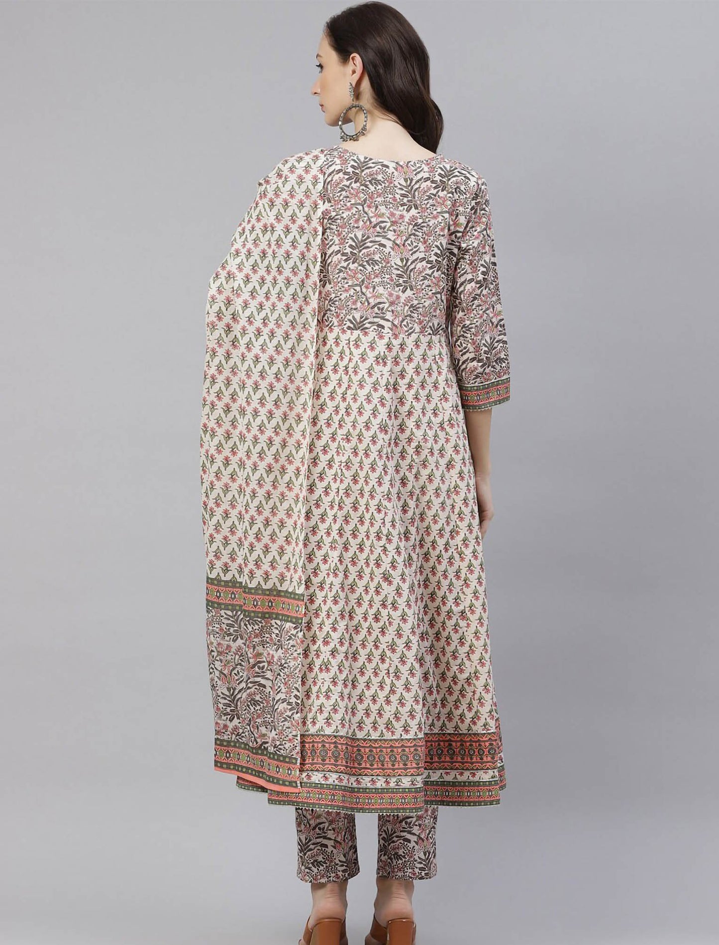 White Floral Printed Divena Kurta with Trousers & Dupatta For Women