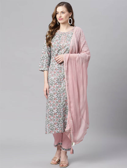 Blue Floral Printed Kurta with Trousers & Dupatta For Women