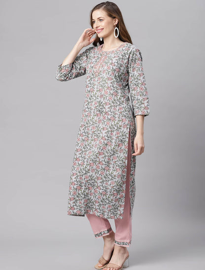 Blue Floral Printed Kurta with Trousers & Dupatta For Women