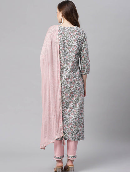 Blue Floral Printed Kurta with Trousers & Dupatta For Women