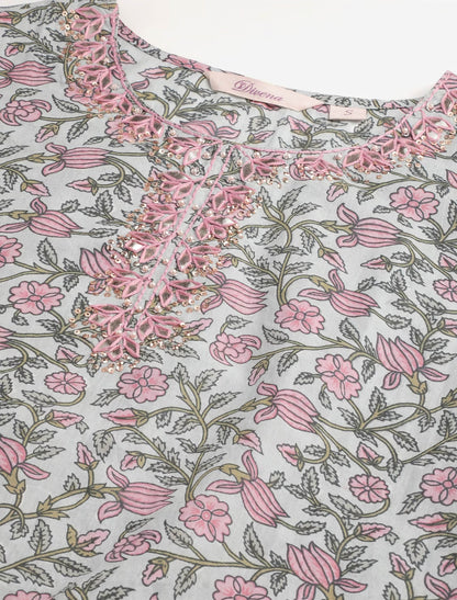 Blue Floral Printed Kurta with Trousers & Dupatta For Women