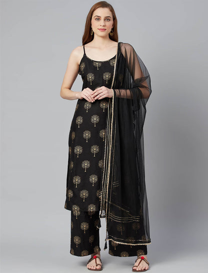 Black Ethnic Motifs Divena Kurta with Palazzos & Dupatta For Women