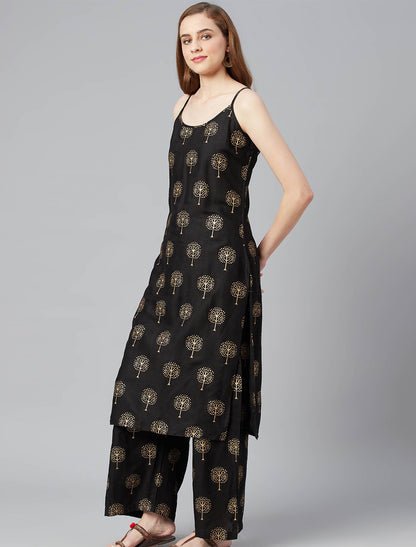 Black Ethnic Motifs Divena Kurta with Palazzos & Dupatta For Women