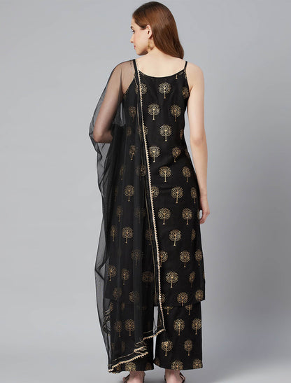Black Ethnic Motifs Divena Kurta with Palazzos & Dupatta For Women