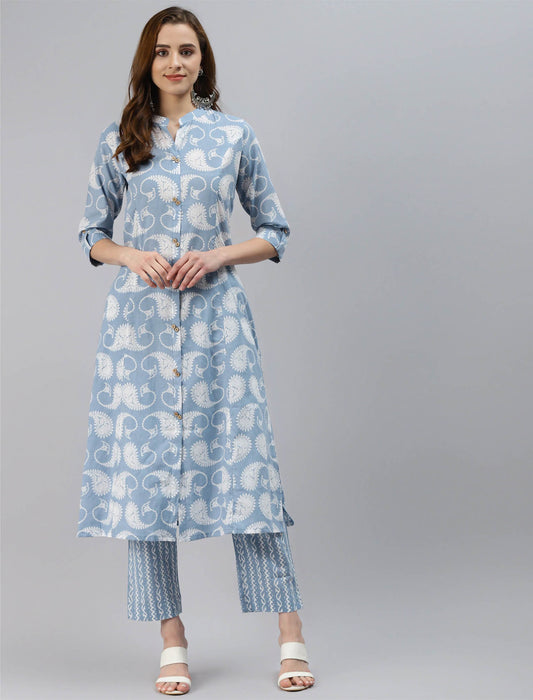 Blue Ethnic Motifs Printed Divena Kurta with Palazzos For Women