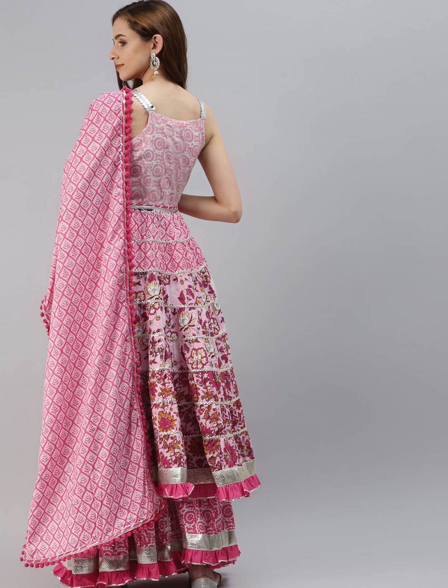 Pink Floral Printed Kurta With Sharara & Dupatta For Women