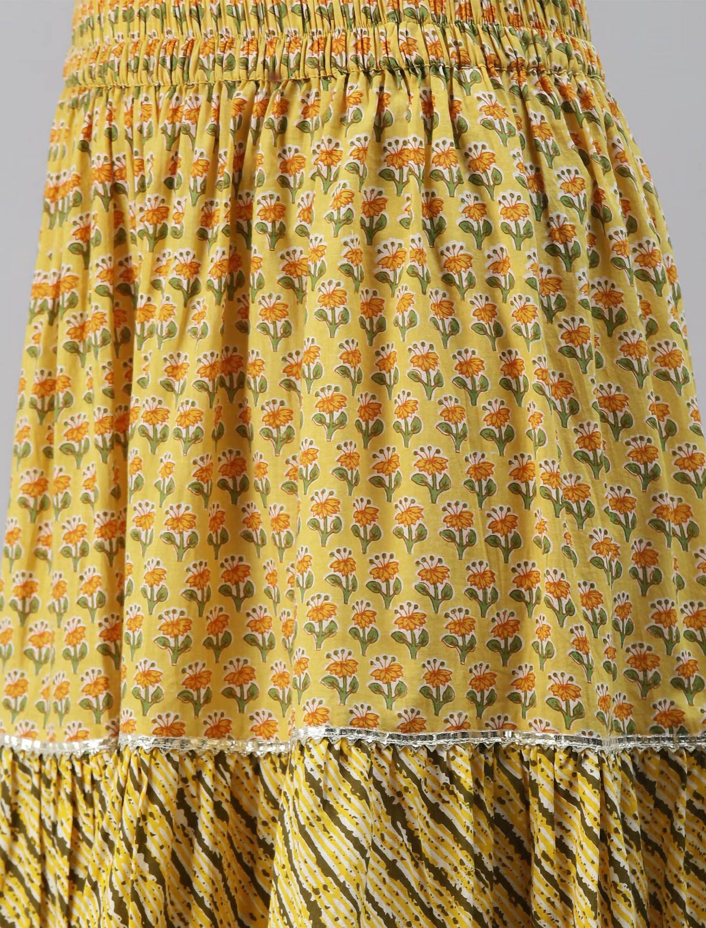 Yellow Floral Printed Kurta with Skirt & Dupatta For Women