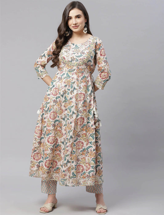 Cream Floral Printed Kurta Set with Trousers For Women