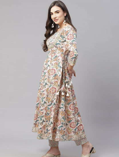 Cream Floral Printed Kurta Set with Trousers For Women