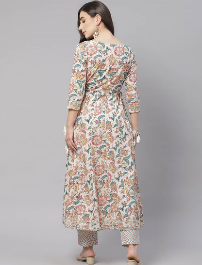 Cream Floral Printed Kurta Set with Trousers For Women