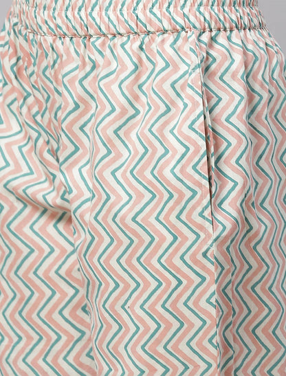 Cream Floral Printed Kurta Set with Trousers For Women