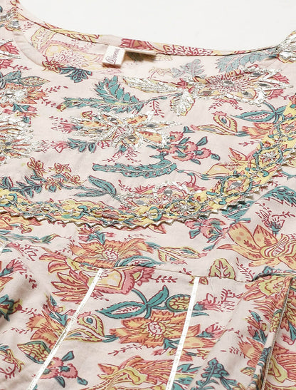 Cream Floral Printed Kurta Set with Trousers For Women