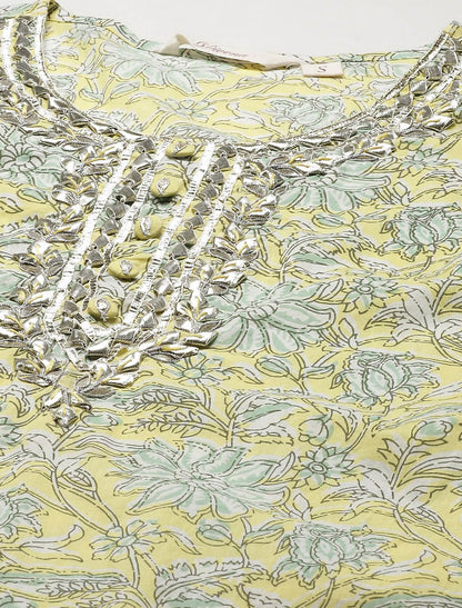 Yellow Floral Printed Kurta with Trousers & Dupatta For Women