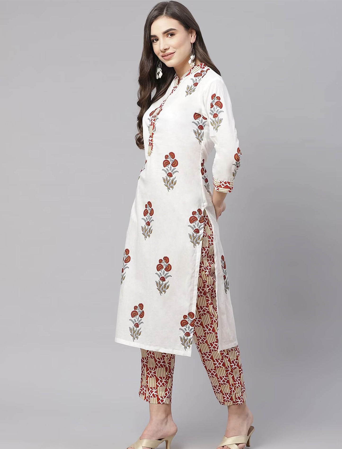 White Floral Printed Kurta with Trousers & Dupatta For Women