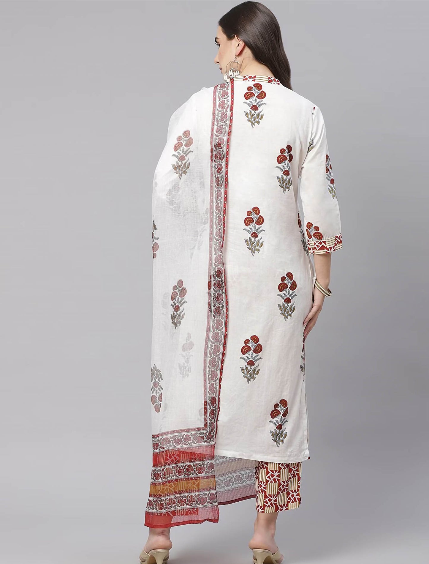 White Floral Printed Kurta with Trousers & Dupatta For Women