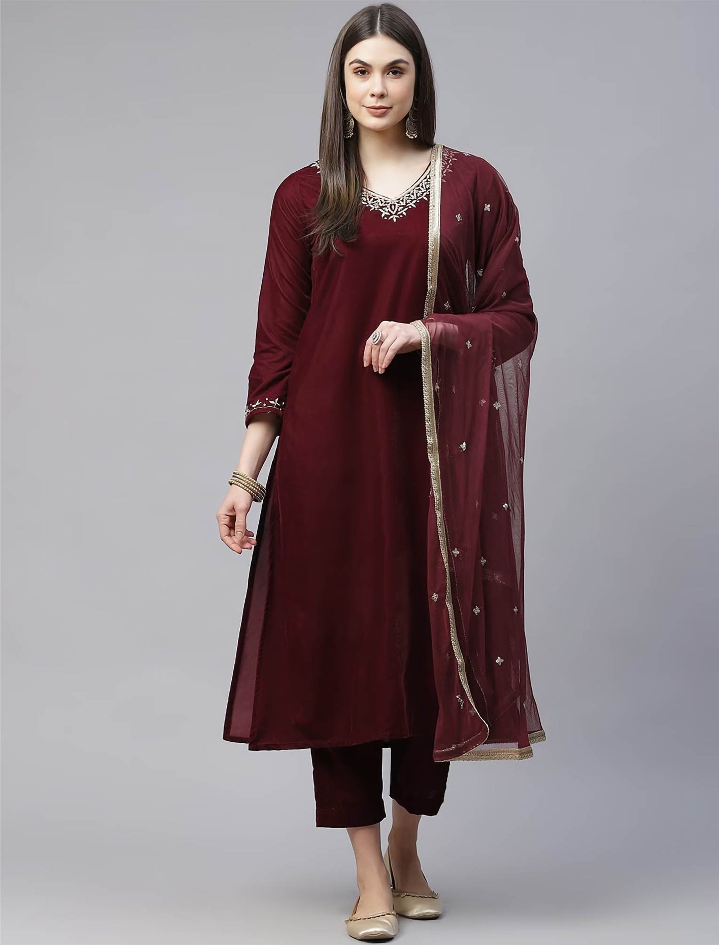 Maroon Velvet Kurta with Trousers & Dupatta For Women