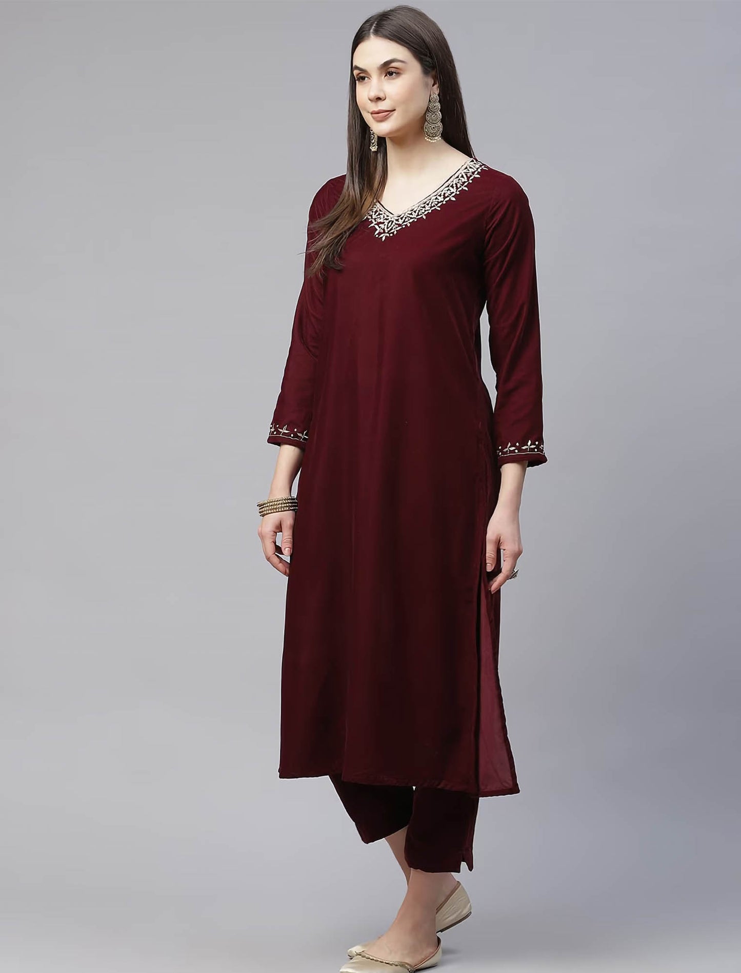 Maroon Velvet Kurta with Trousers & Dupatta For Women