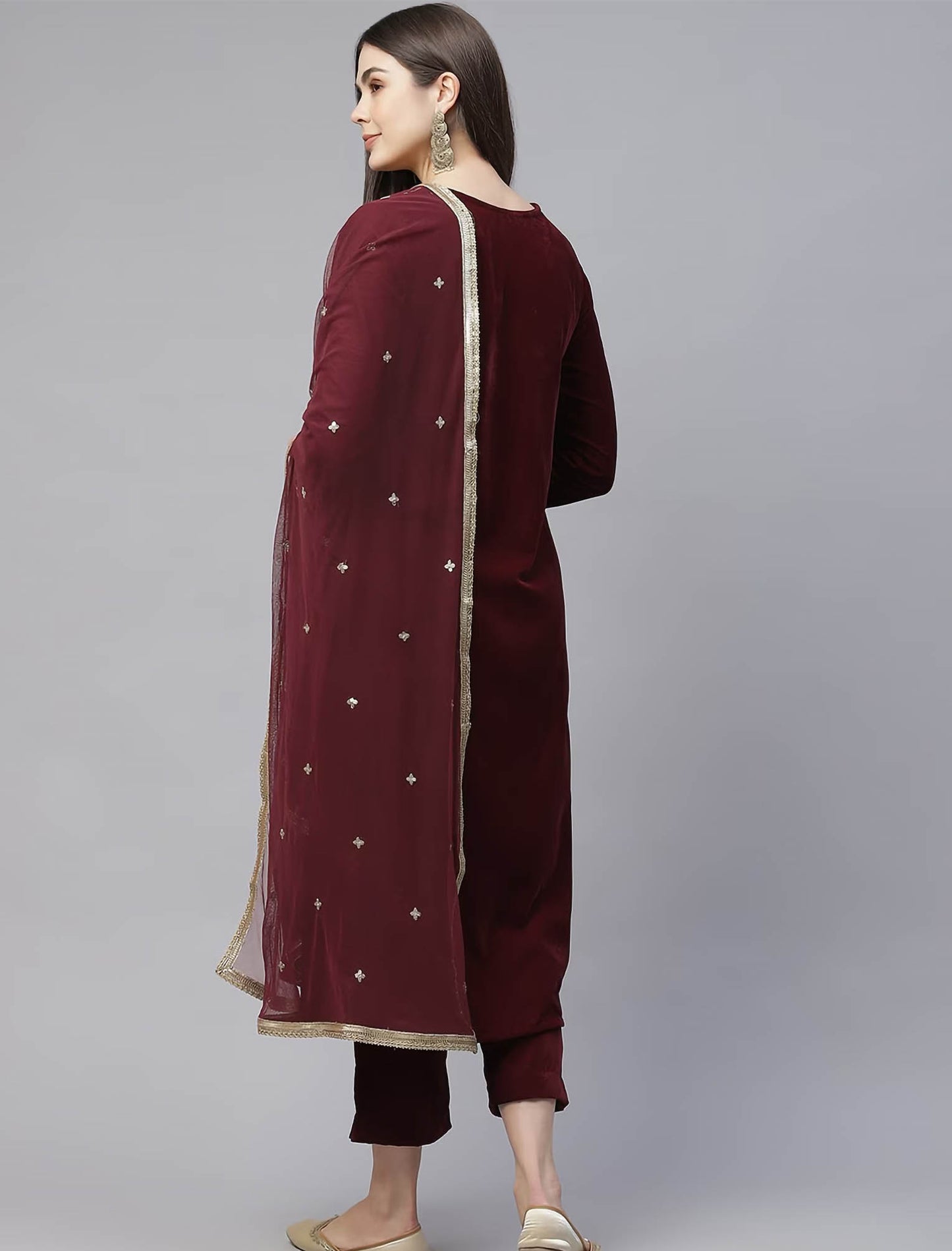 Maroon Velvet Kurta with Trousers & Dupatta For Women